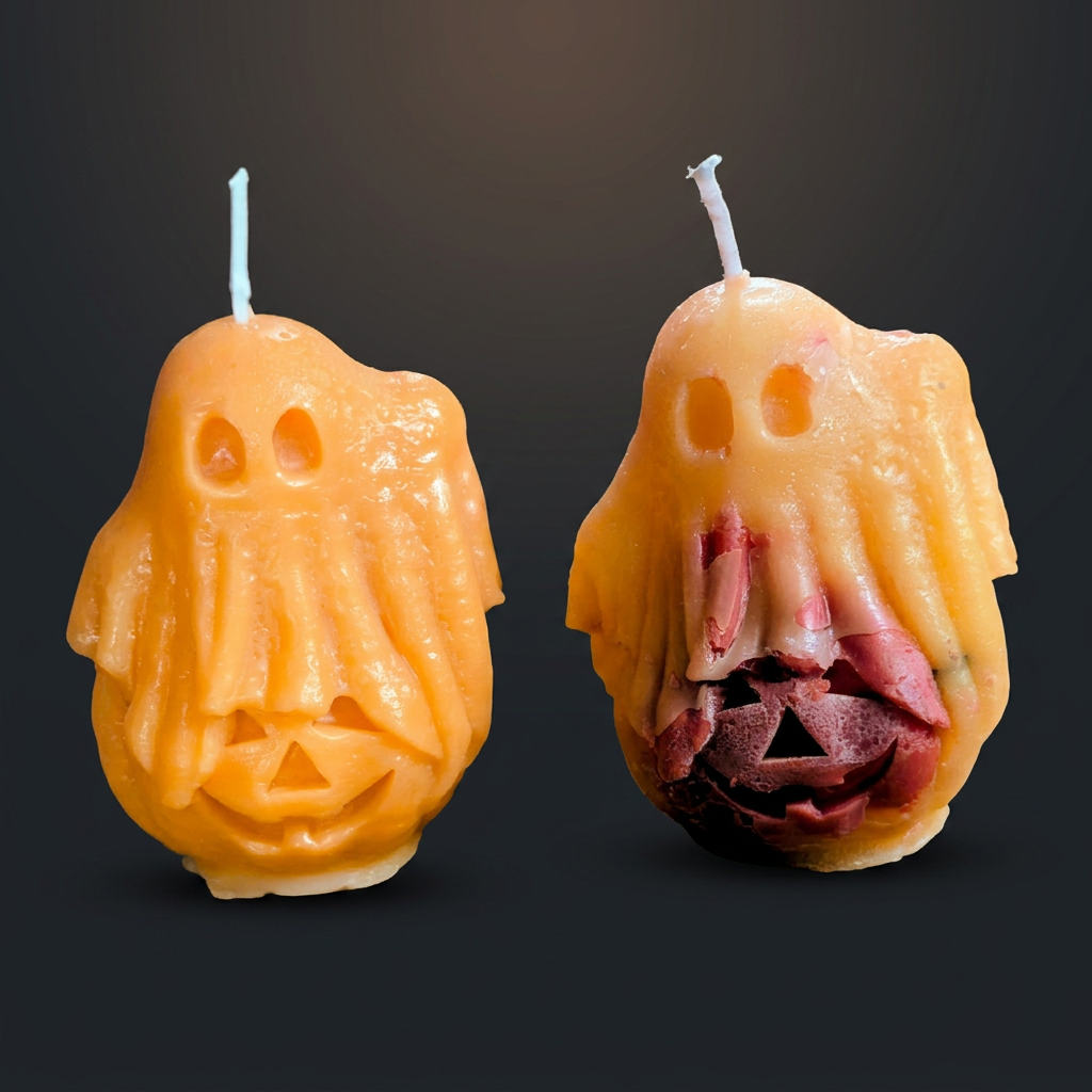Hooded Pumpkin Ghost — Duo handmade beeswax candle by Flickering Fortunes