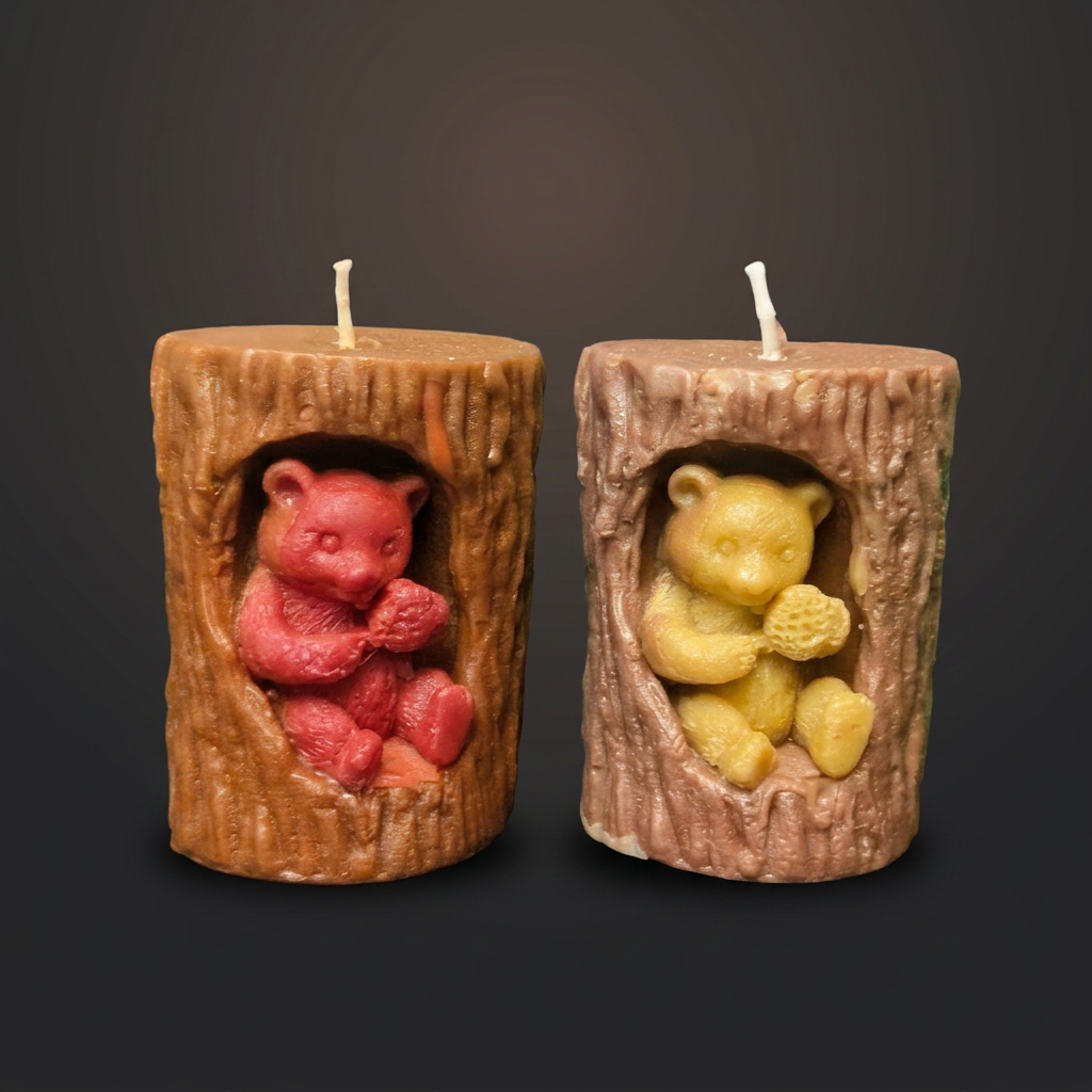 Hollow Log Honey Bear — Duo handmade beeswax candle by Flickering Fortunes