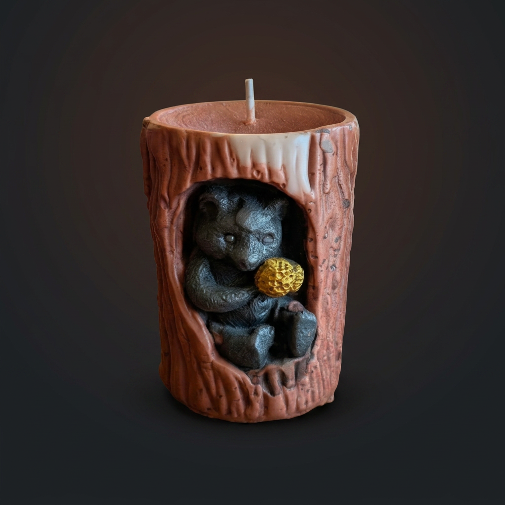 Hollow Log Honey Bear handmade beeswax candle by Flickering Fortunes