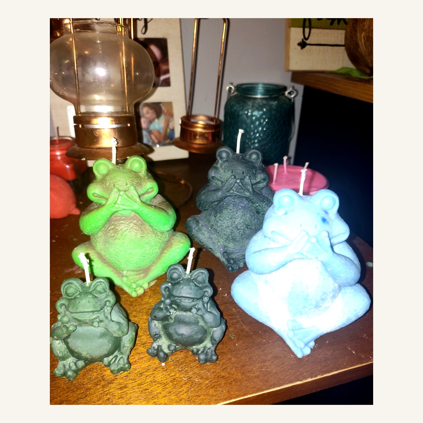 See No Evil, Hear No Evil, Speak No Evil Frog Trio handmade beeswax candle by Flickering Fortunes