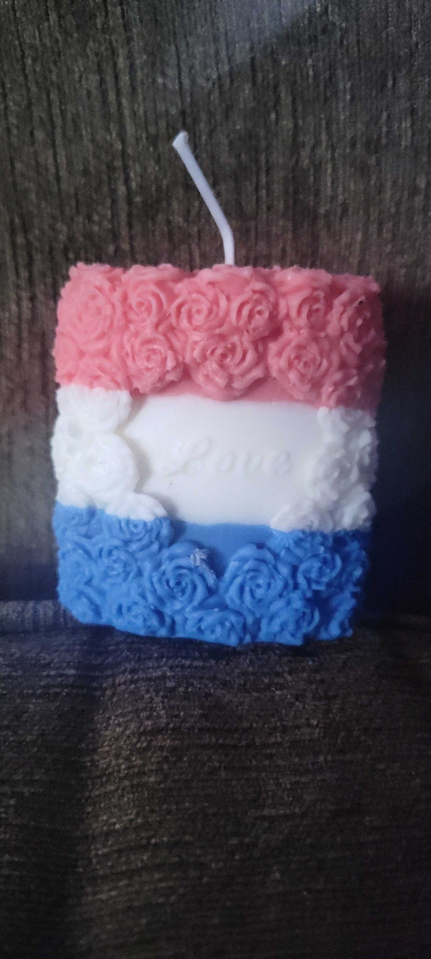 Trans Pride Love Block handmade beeswax candle by Flickering Fortunes